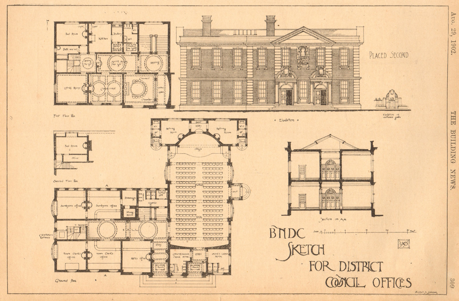 Sketch for district council offices. Ground & first floor plan, elevation 1902