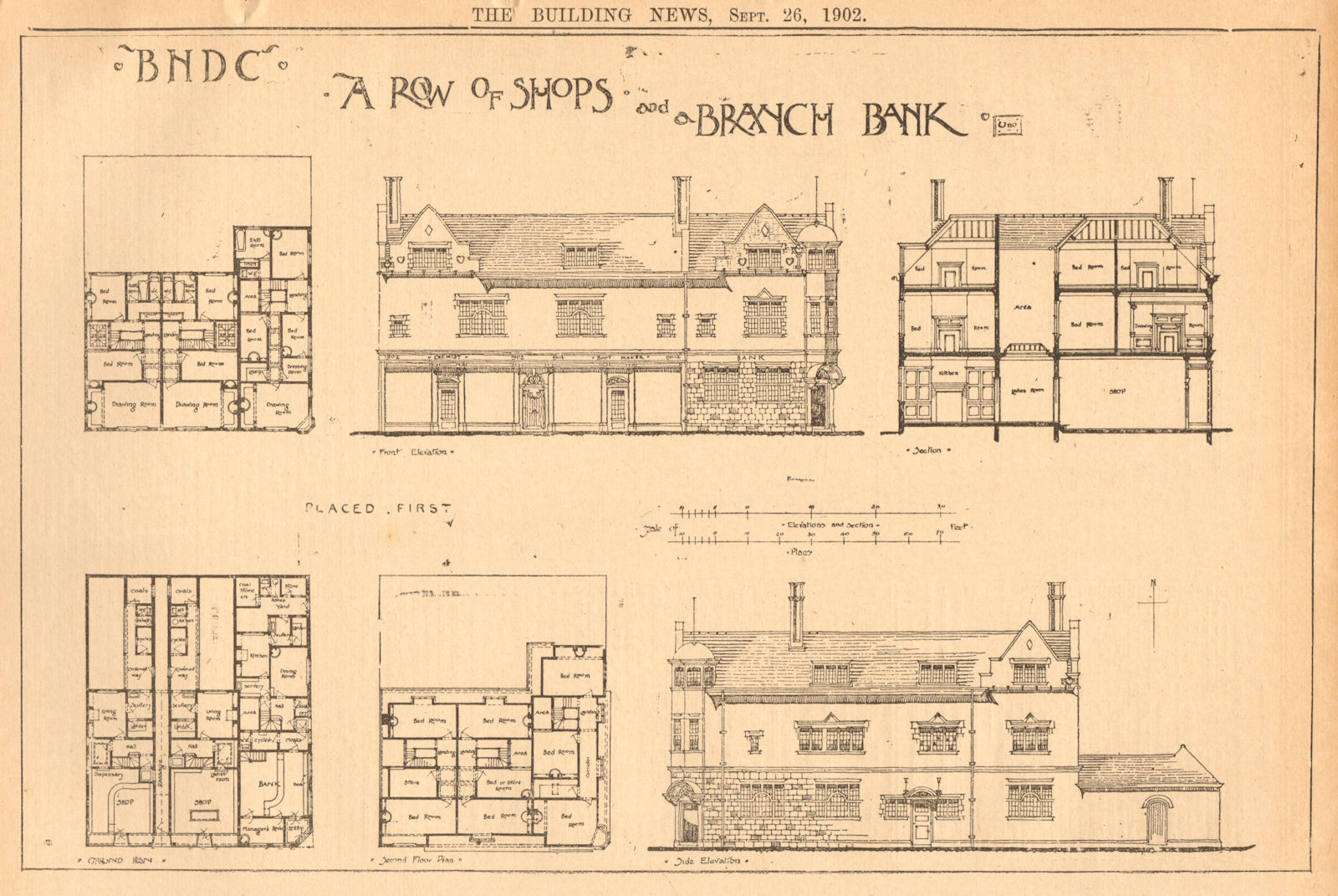 Associate Product A row of shops & a branch bank. Plans, front & side elevations 1902 old print