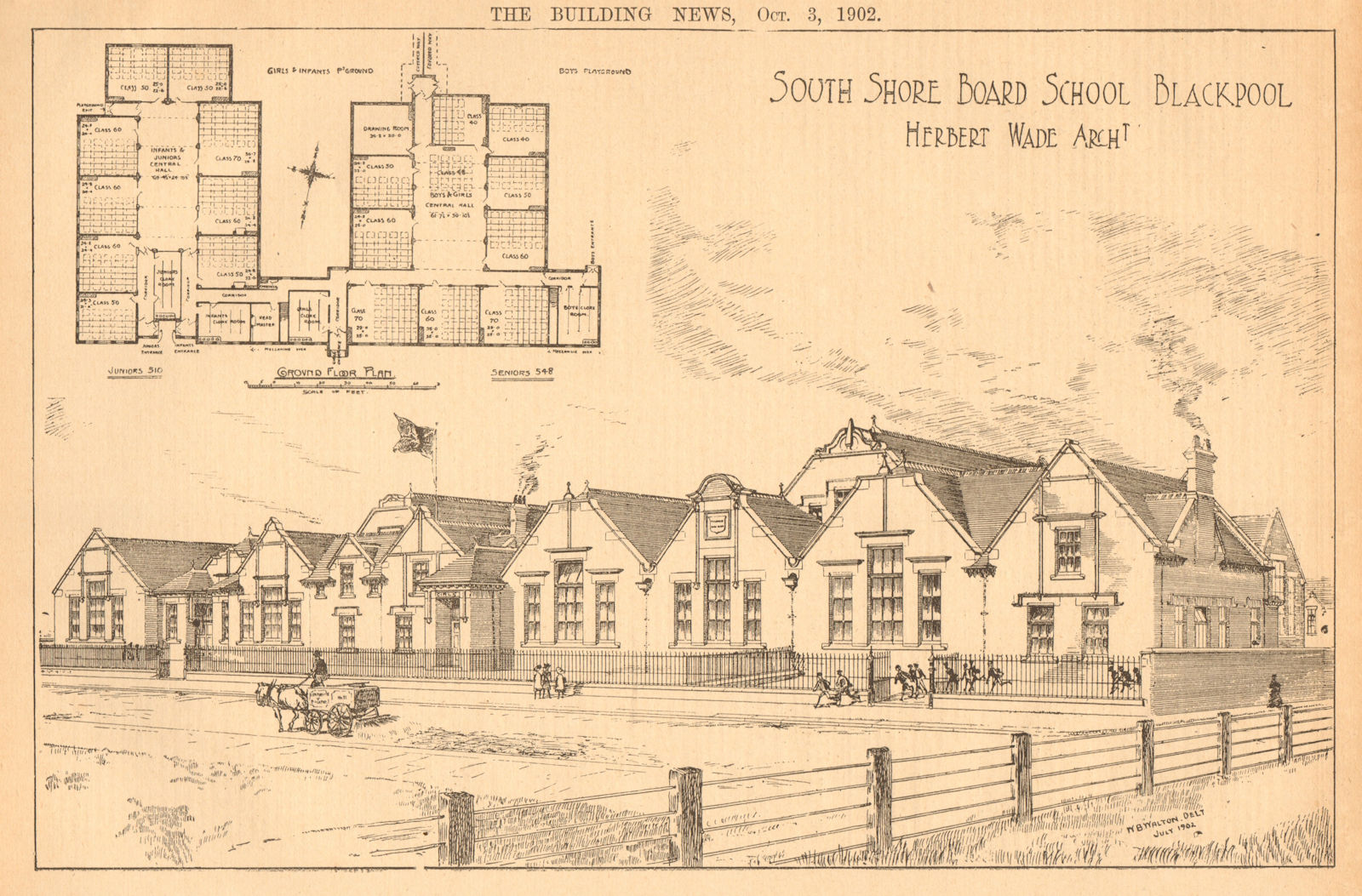 South Shore Board School Blackpool, Herbert Wade Archt. Plan 1902 old print