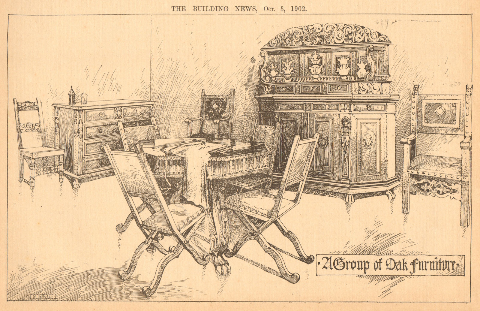 A group of oak furniture. Furniture 1902 old antique vintage print picture