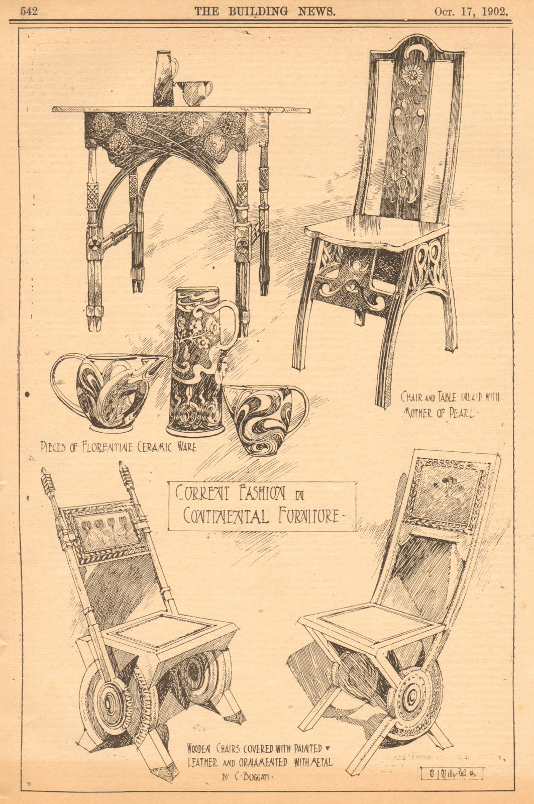 Furniture. Florentine ceramic ware chair table mother of pearl C. Buggati 1902