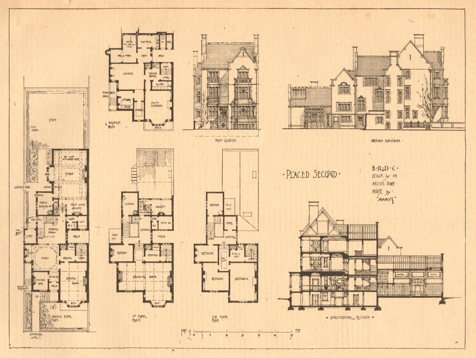 Design for an artist's town house by Momus. Floorplans & elevations 1902 print
