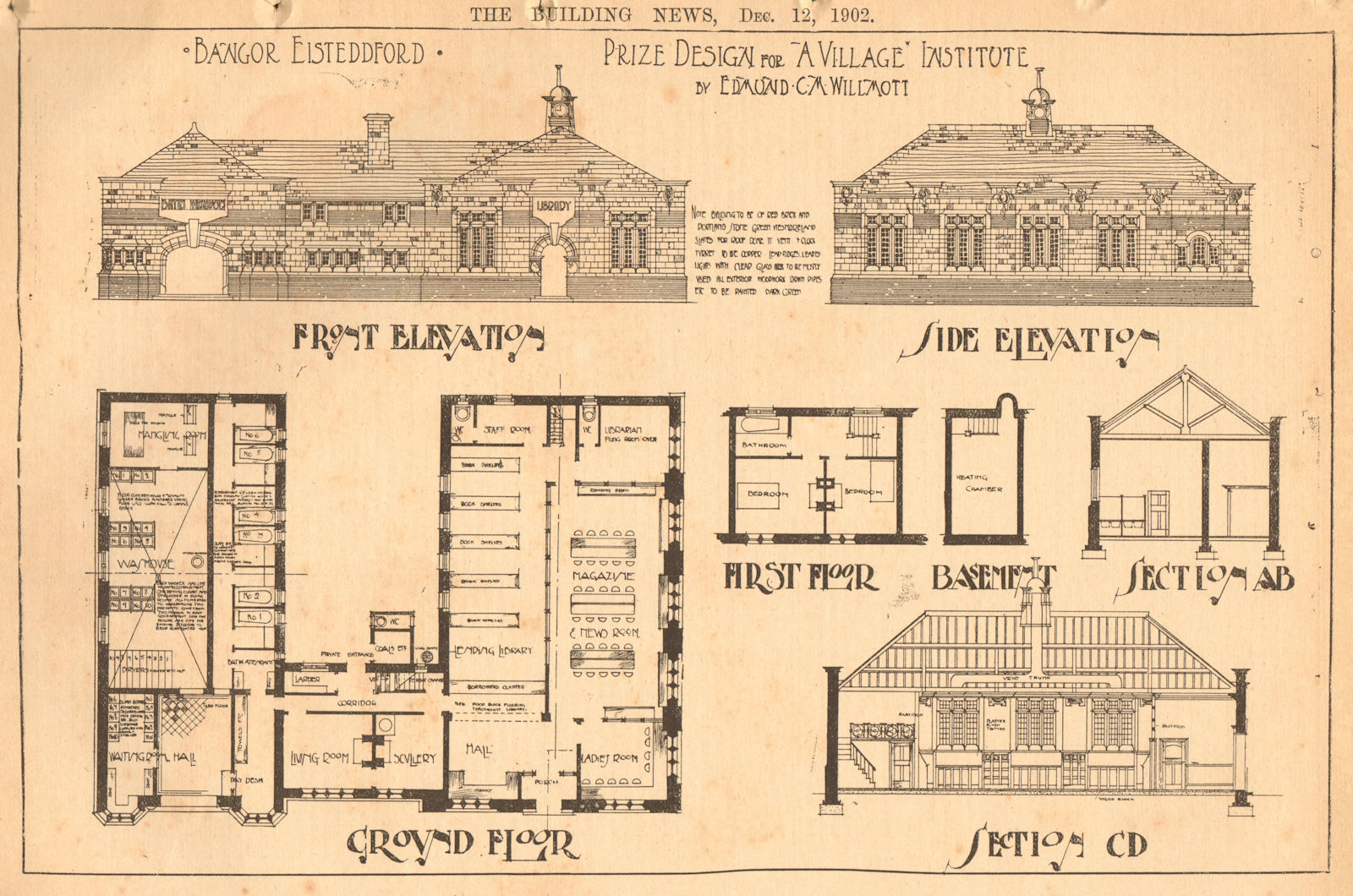 Associate Product Bangor Eisteddford, village institute prize design by Edmund Willmott. Plan 1902