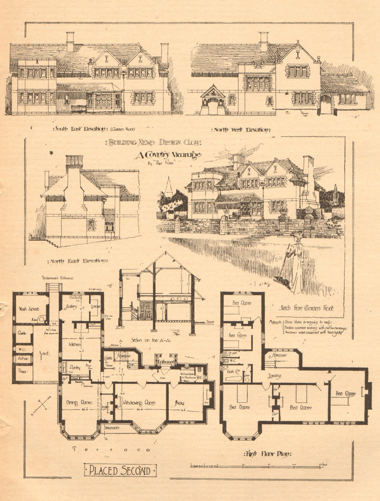 Associate Product A country vicarage by Red Rose. Plans, elevations &  from garden front 1902