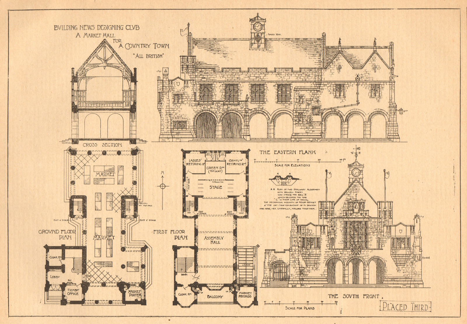 Associate Product A market hall for a country town, ''All British''. Plans & elevations 1903