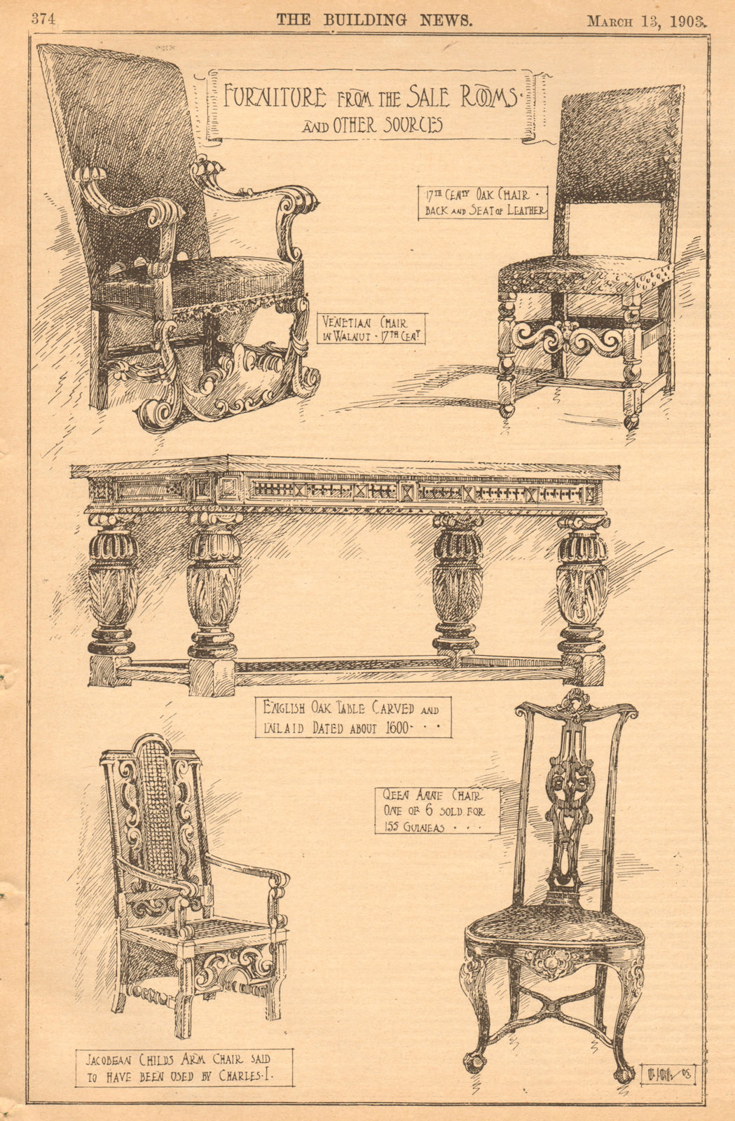 Furniture. 17C chair Venetian English table Queen Anne Jacobean Charles I 1903