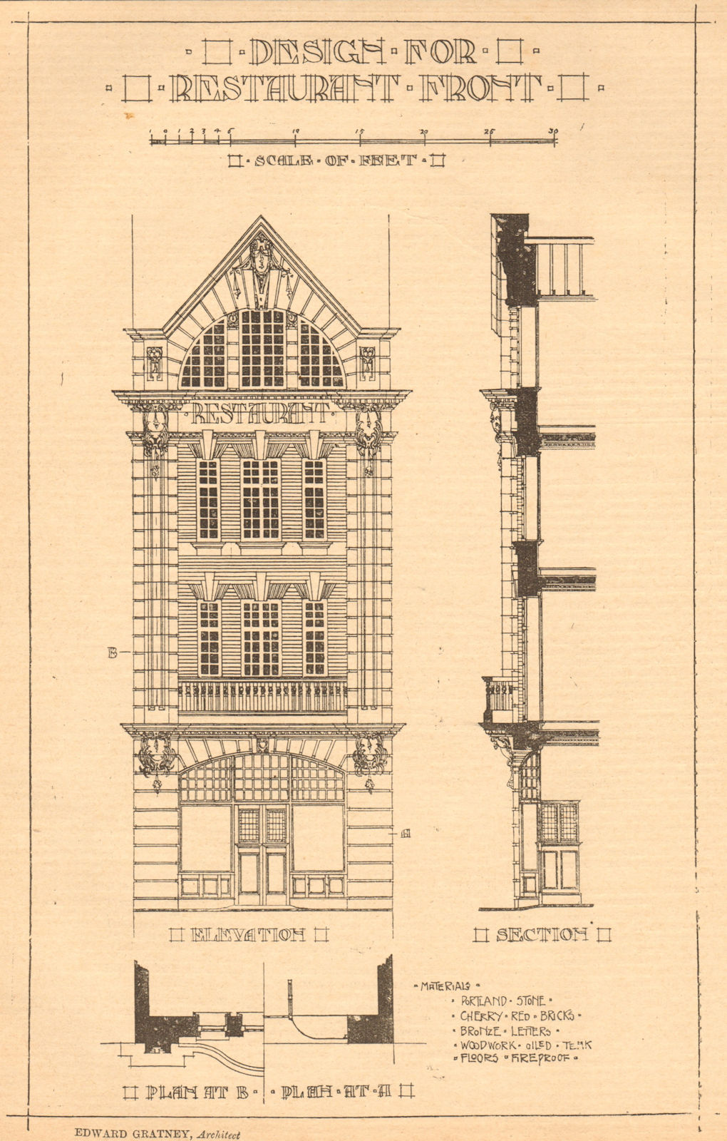 Associate Product Restaurant front design, Edward Gratney, Architect. Elevation plan section 1903
