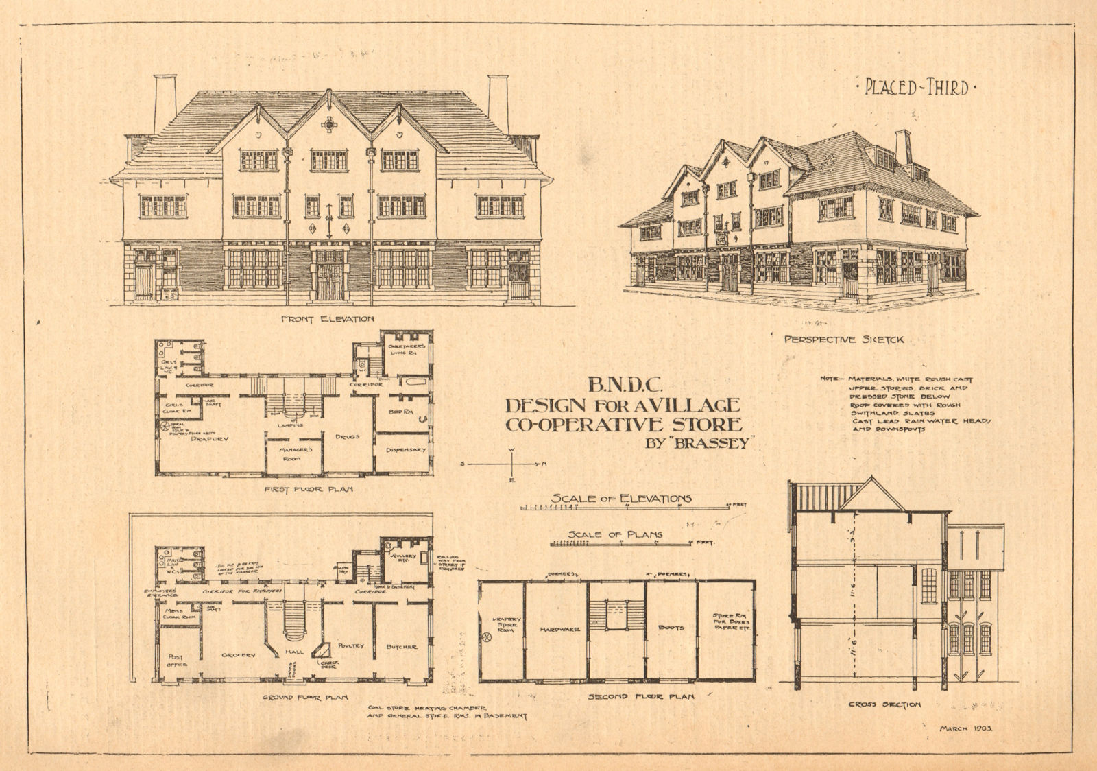 Design for a village Co-operative store by Brassley. Plans, elevations 1903