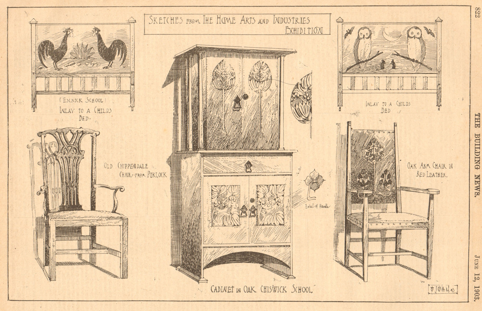 Furniture. Child bed Escrick Chippendale chair Porlock Chiswick cabinet 1903