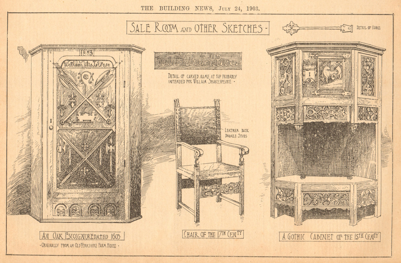 Furniture. 17C chair leather back, 1603 oak Encoignure, 15C Gothic cabinet 1903