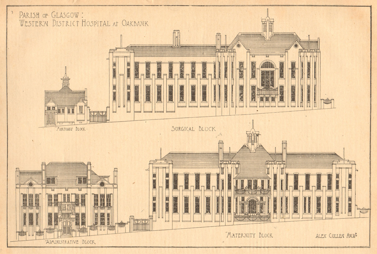 Western District Hospital, Oakbank, Glasgow. Alex Cullen Architect 1903 print