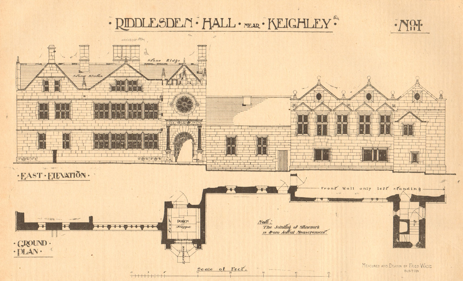 Riddlesden Hall near Keighley. Drawn by Fred Wade. Plan elevation Yorkshire 1904