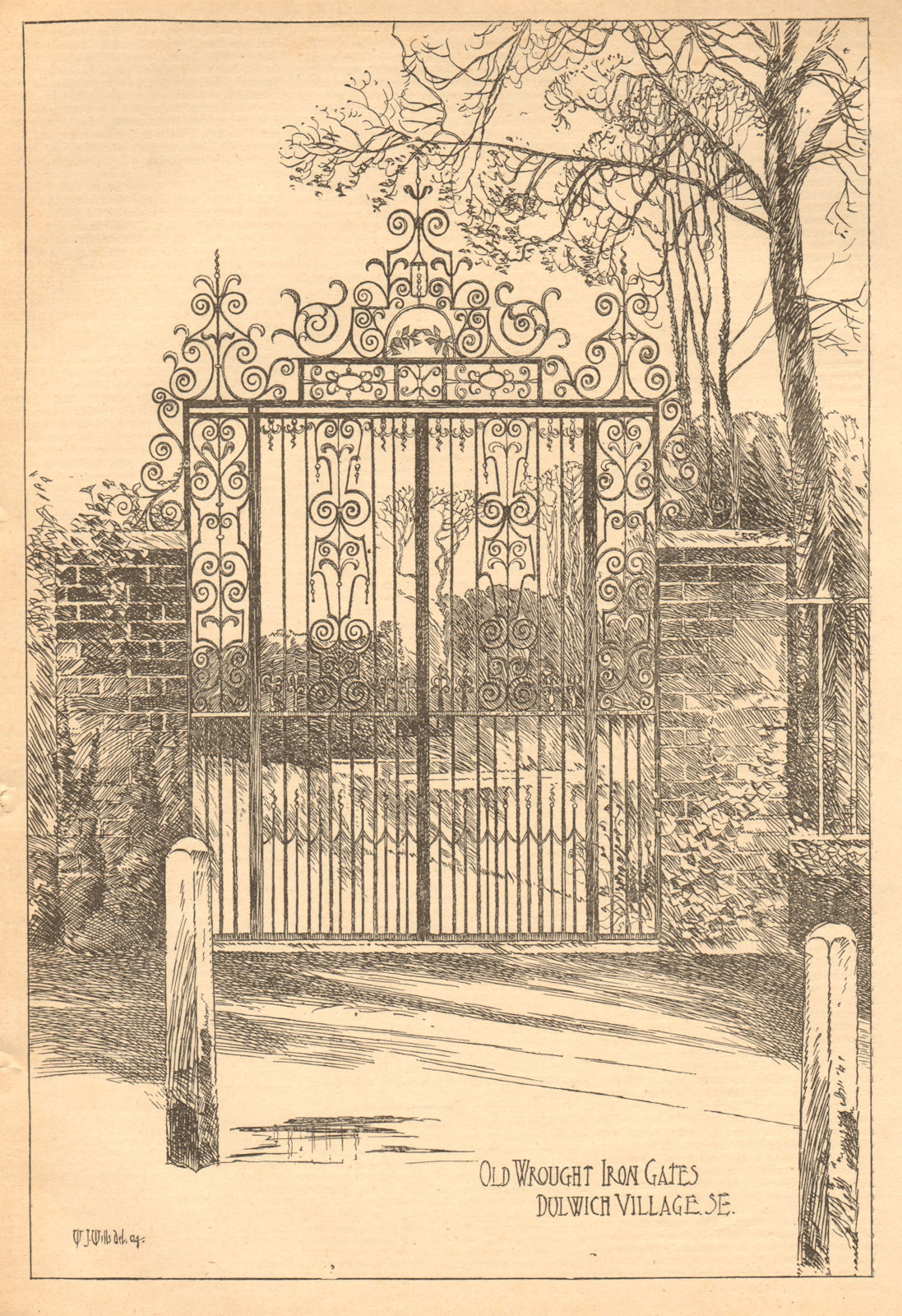 Old wrought iron gates, Dulwich Village S.E.. London 1904 antique print
