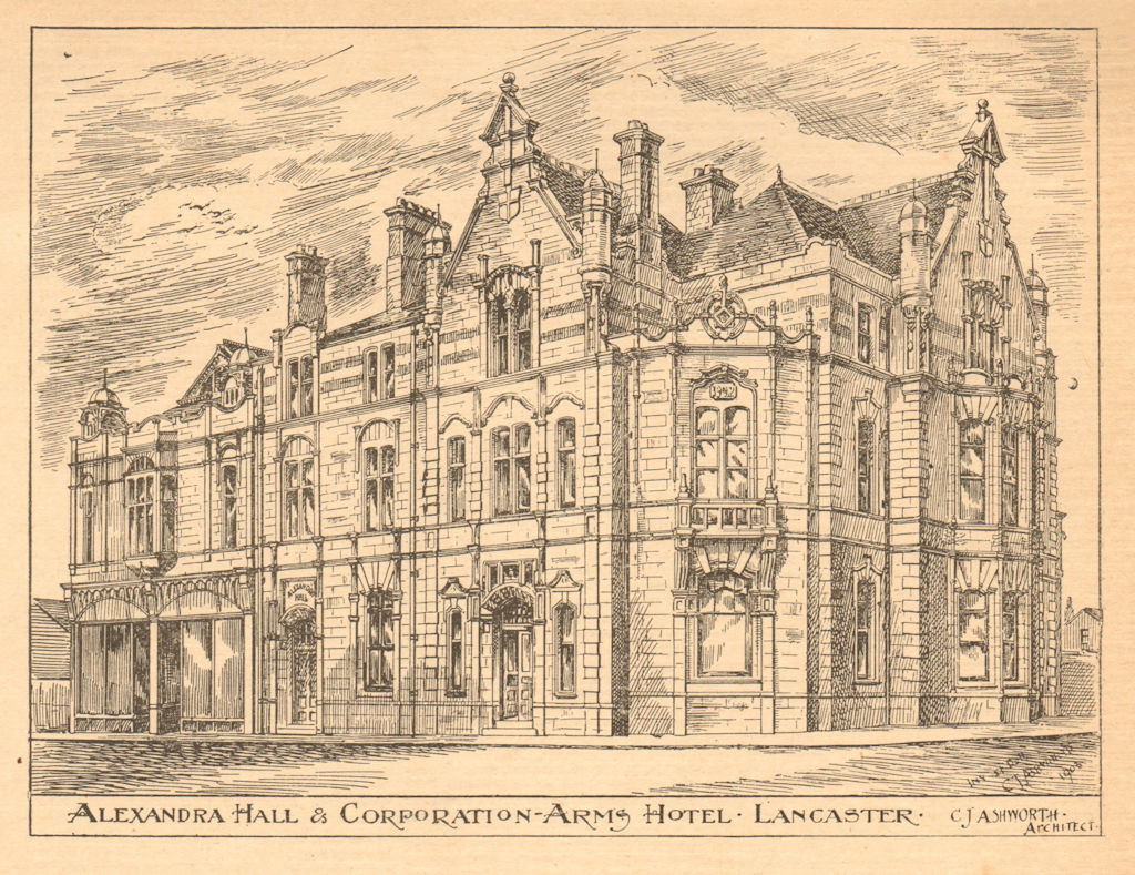 Alexandra Hall & Corporation Arms Hotel, Penny Street, Lancaster. Ashworth 1904