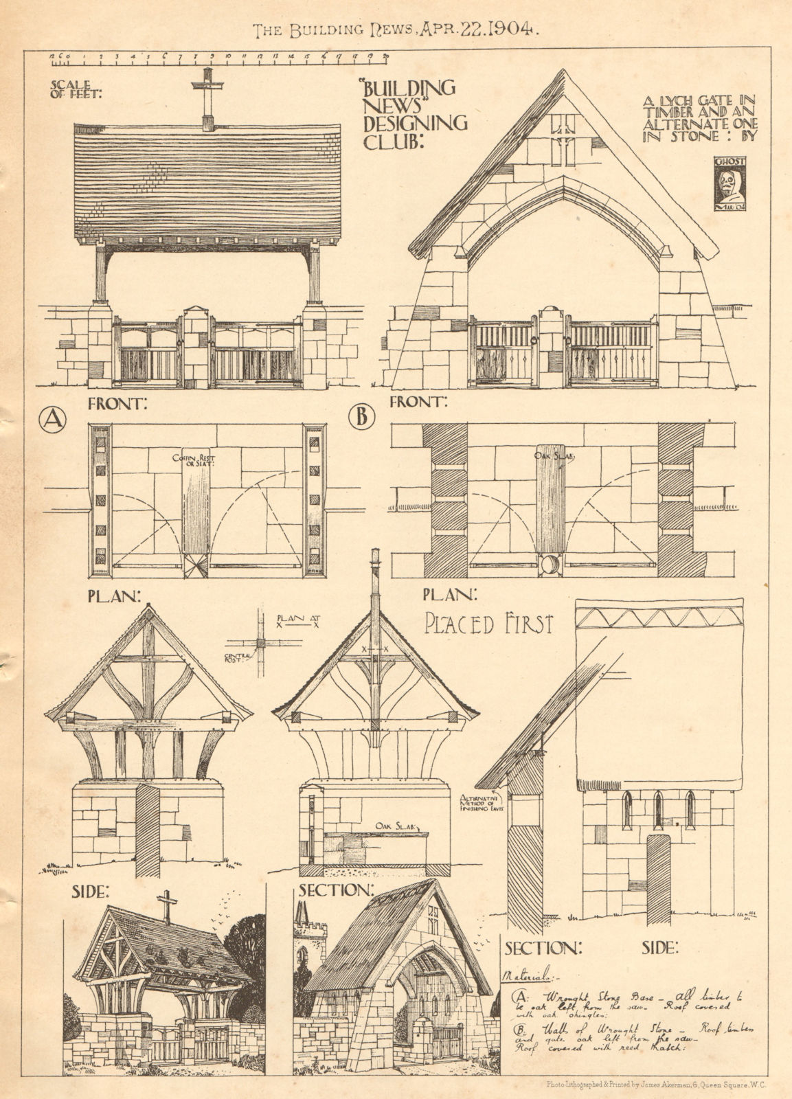 Timber & stone lych gates by Ghost. Plans, sections & elevations 1904 print