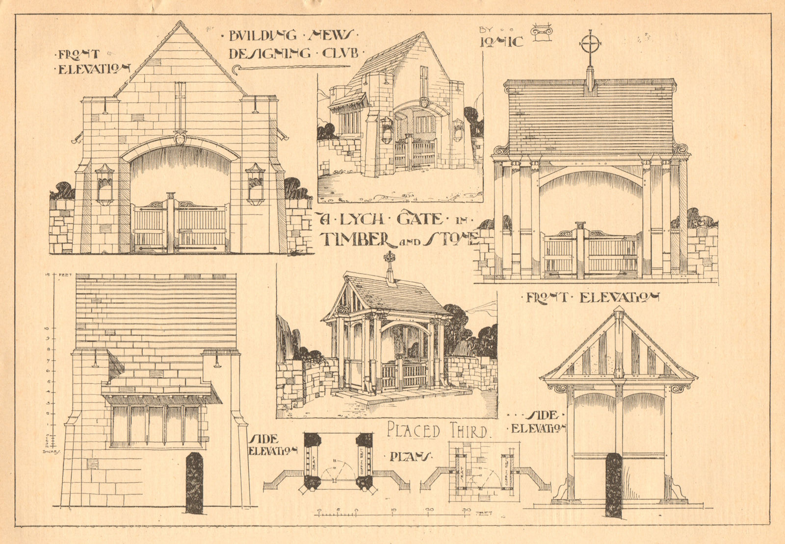Associate Product A lych gate in timber & stone. Plans & elevations 1904 old antique print
