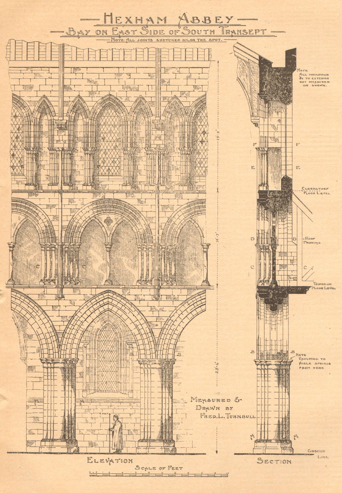 Hexham Abbey. Bay south transept. Elevation & section. Northumberland 1904