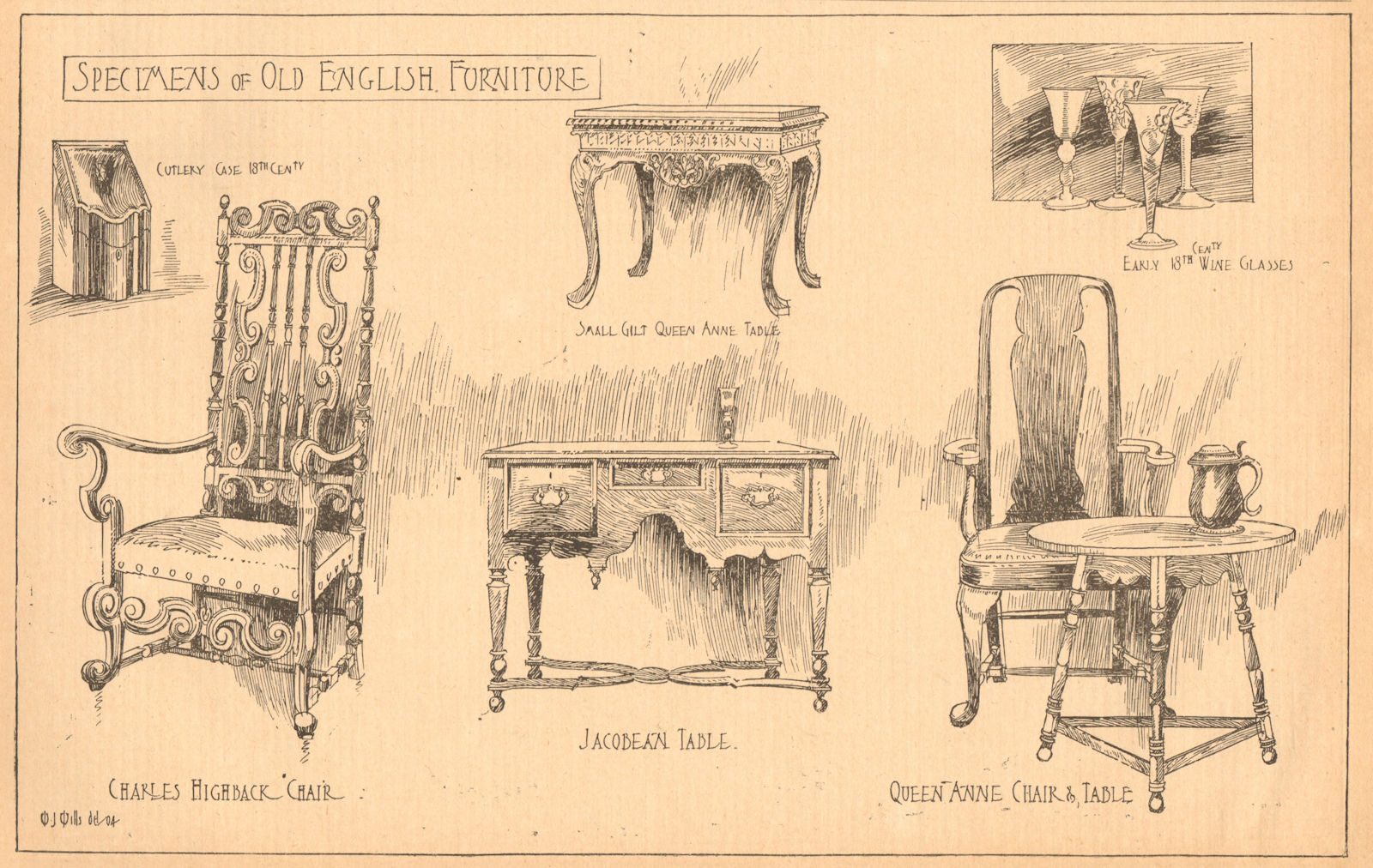 Old English furniture. Queen Anne chair table Charles Highback Jacobean 1904