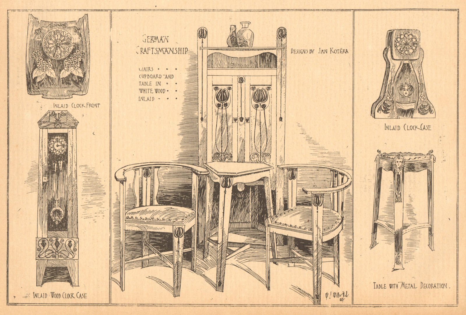 Associate Product German Furniture. Clock chair cupboard table. Jan Kotera. Czechia 1904 print