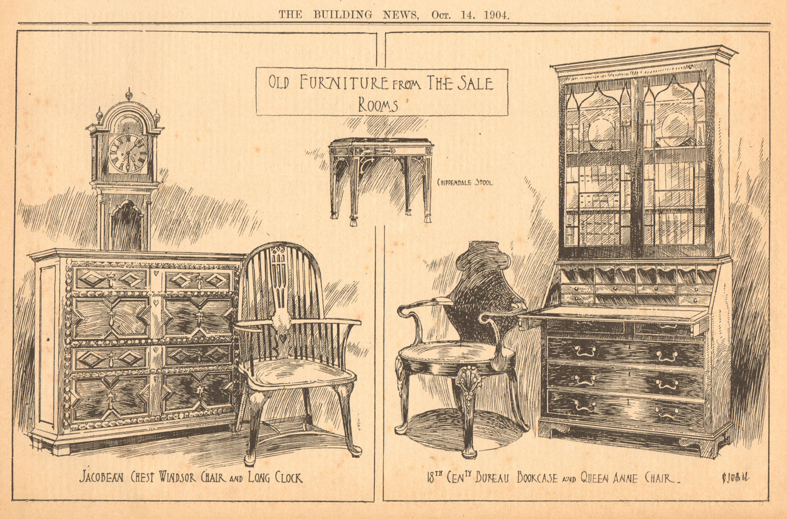 Associate Product Furniture. Jacobean chest Windsor clock Chippendale stool bureau Queen Anne 1904