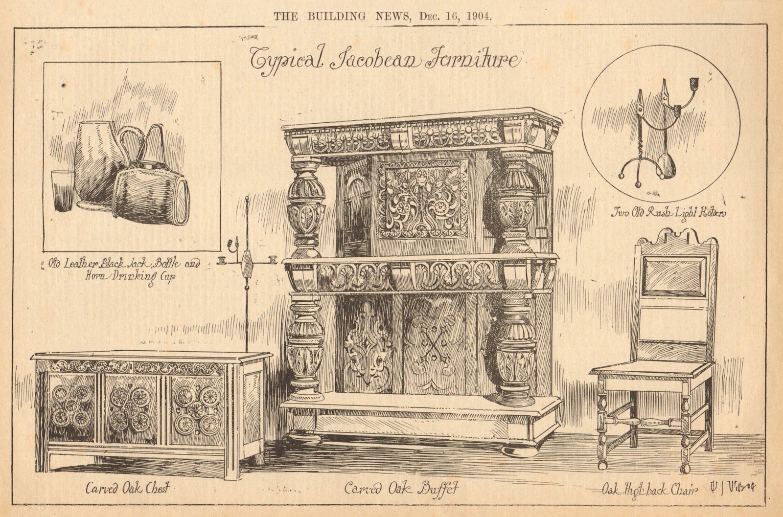 Jacobean furniture. Carved oak chest buffet highback chair horn cup 1904 print
