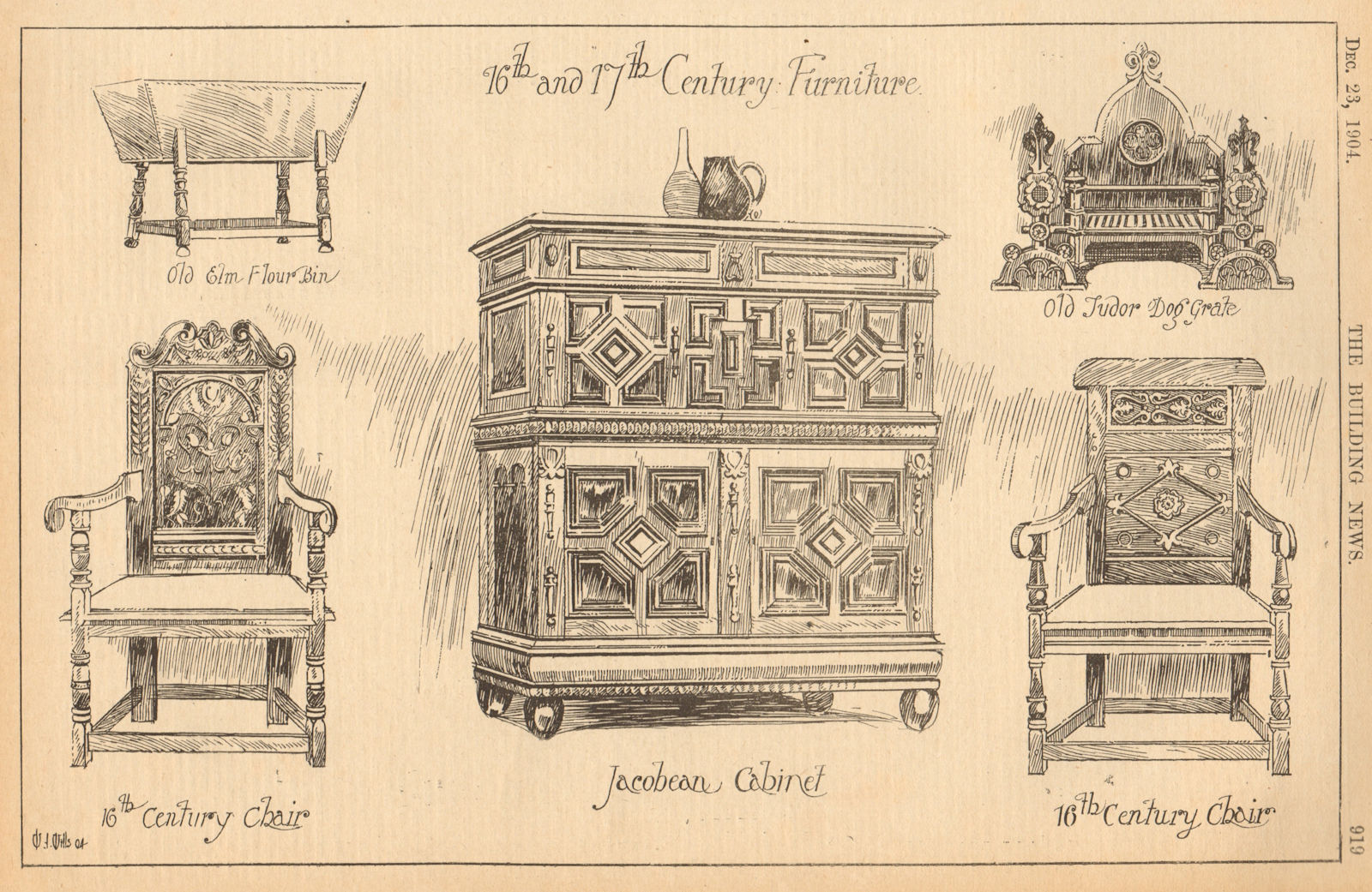 16-17th century furniture. Chair Jacobean cabinet Tudor dog grate flour bin 1904