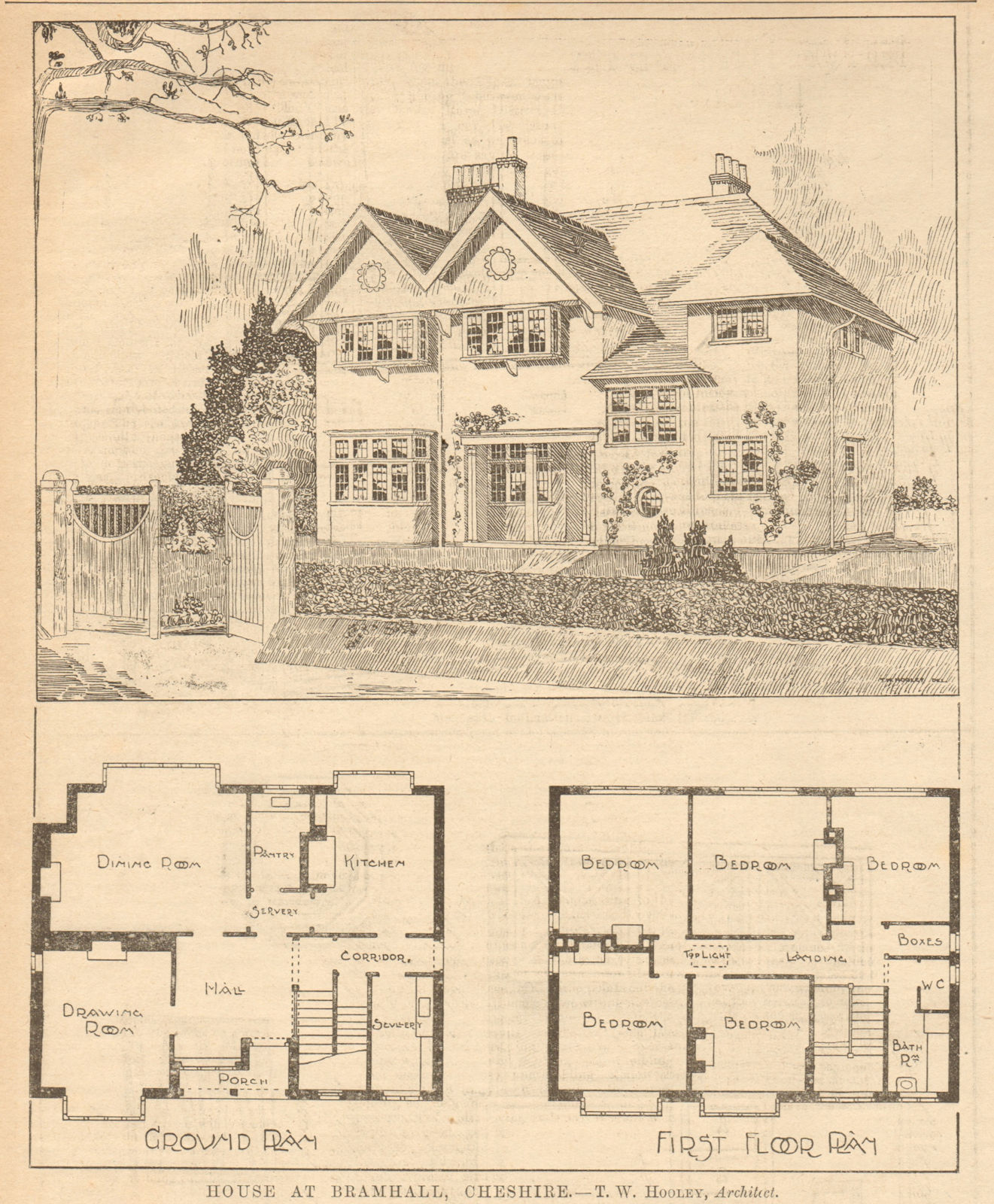 House at Bramhall, Cheshire. T.W. Hooley, Architect 1904 old antique print