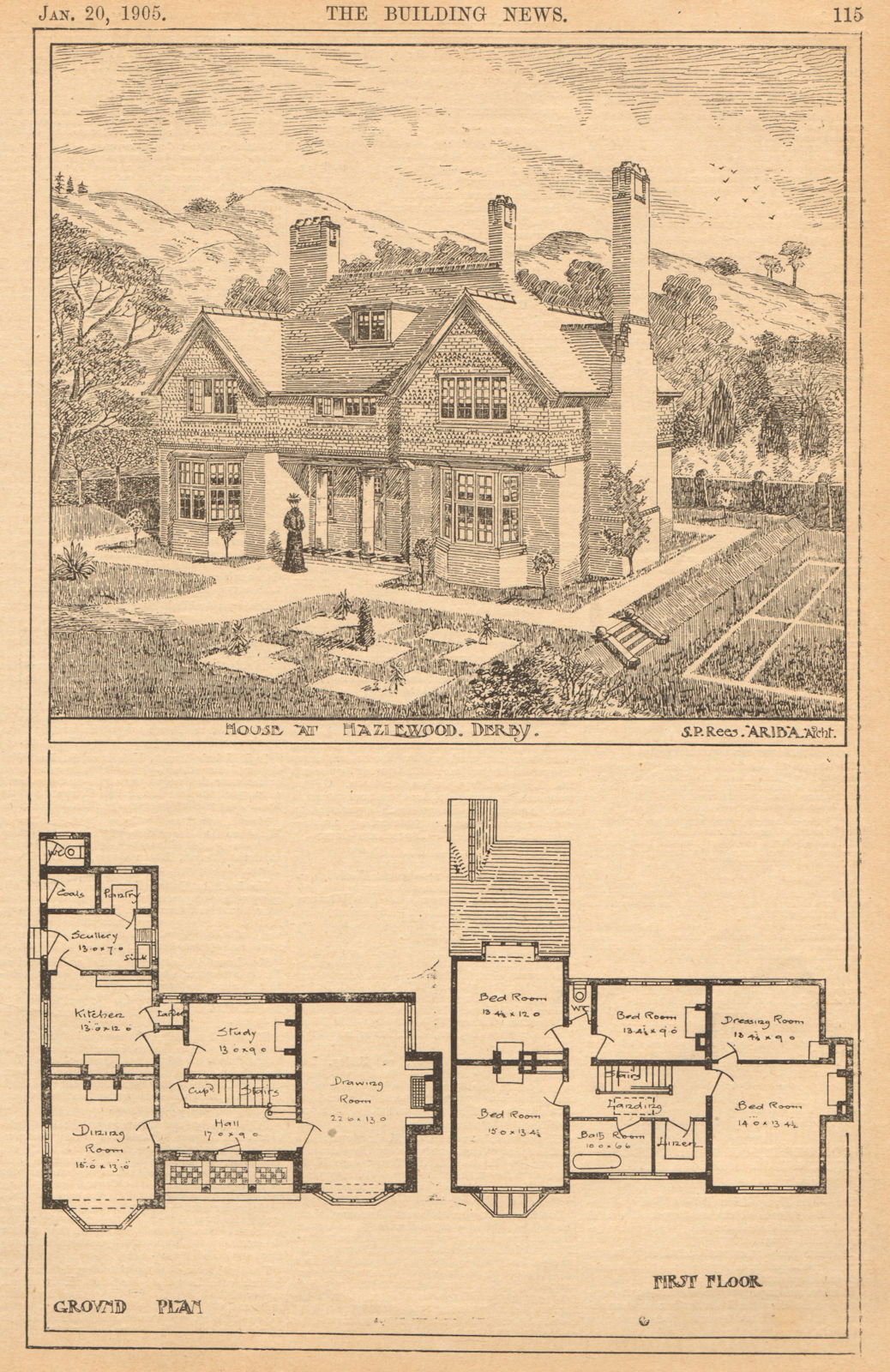 Associate Product House at Hazlewood, Derby, S.P. Rees A.R.I.B.A., Archt. Plans. Derbyshire 1905