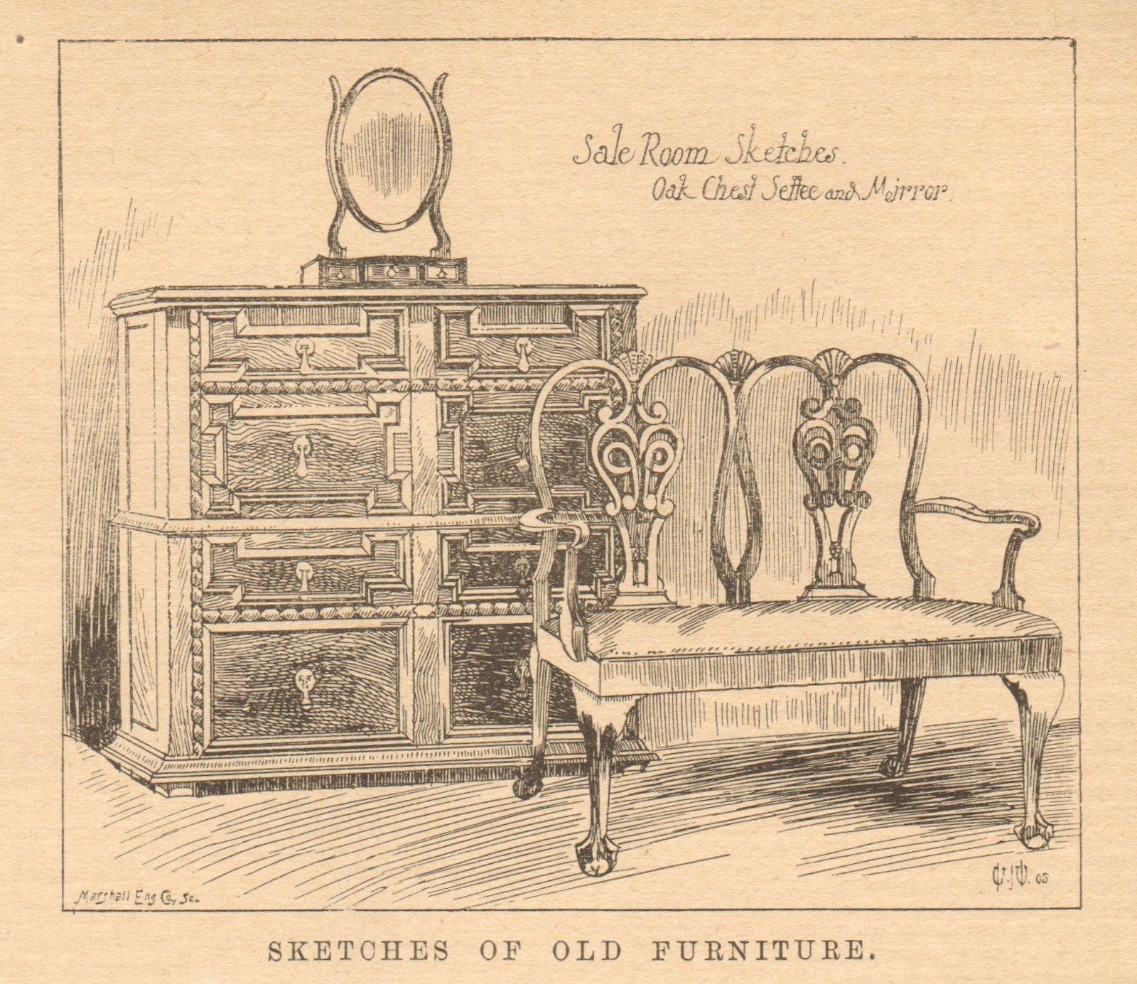 Sketches of old furniture. Sale room sketches. oak chest & mirror 1905 print