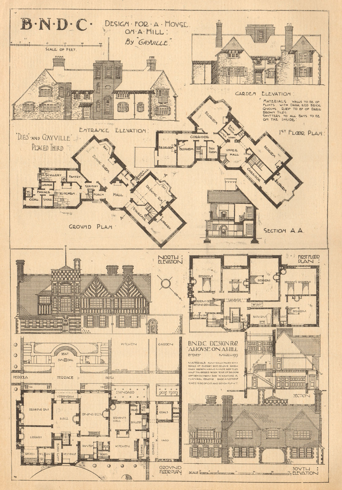 Designs for a house on a hill by Gayville & Dies. Elevations & plans 1905