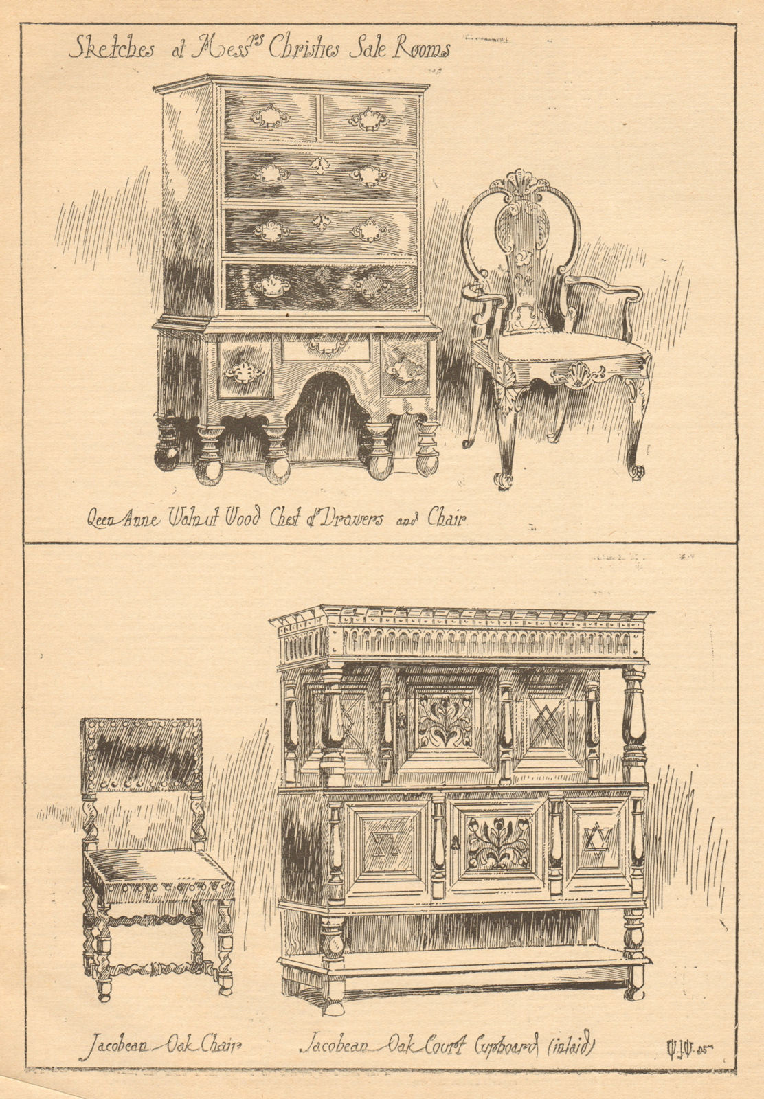 Christies furniture auction. Queen Anne chest chair Jacobean oak cupboard 1905