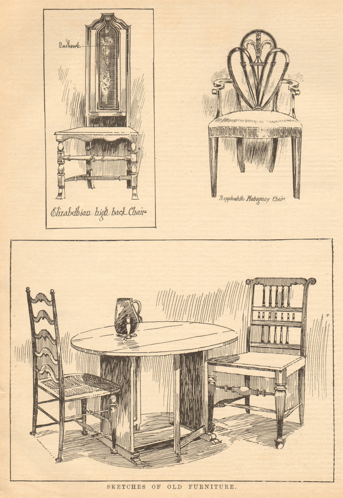 Old furniture. Elizabethan high back chair, Hepplewhite mahogany chair 1905