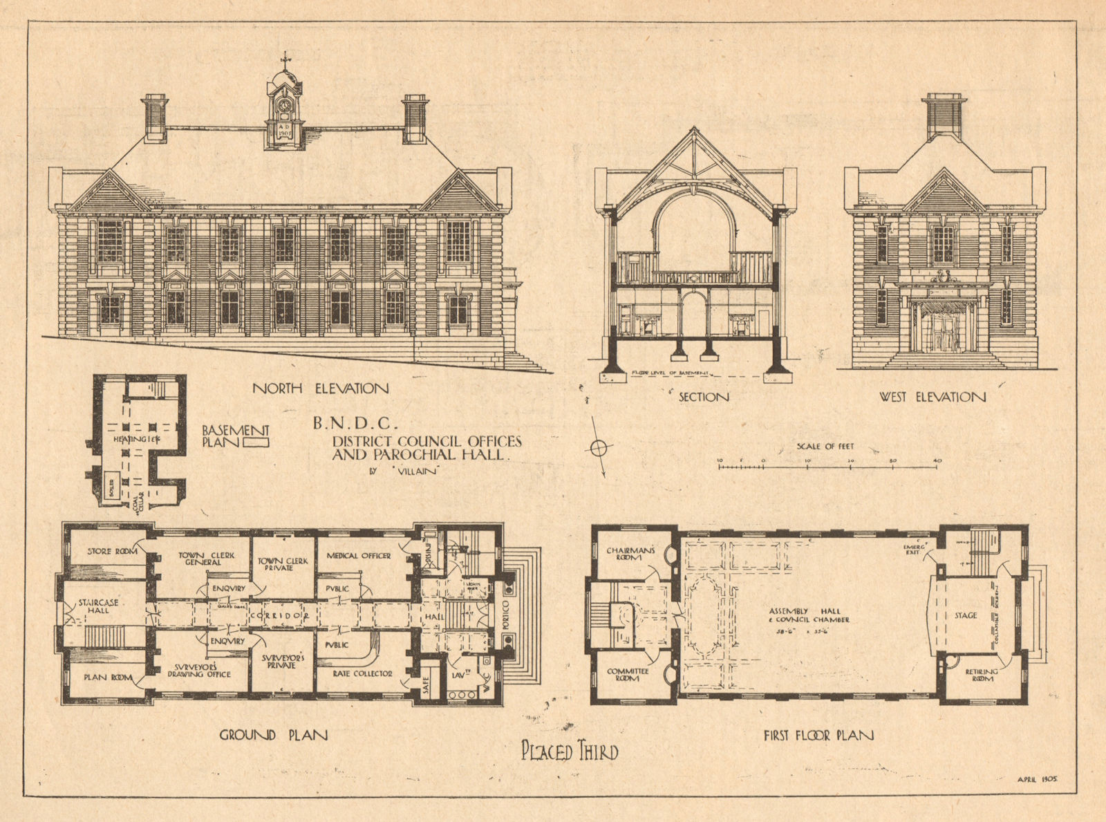 District council offices & parochial hall by Villain. View elevation plan 1905