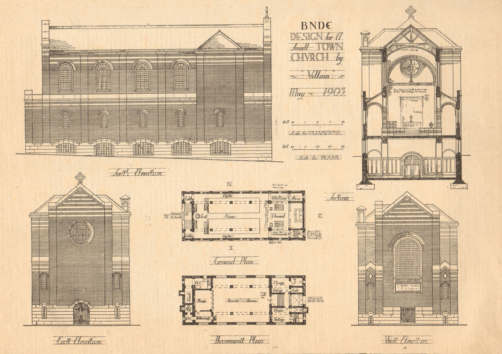 Associate Product Design for a small town church by Villain, May 1905. Plans & elevations 1905
