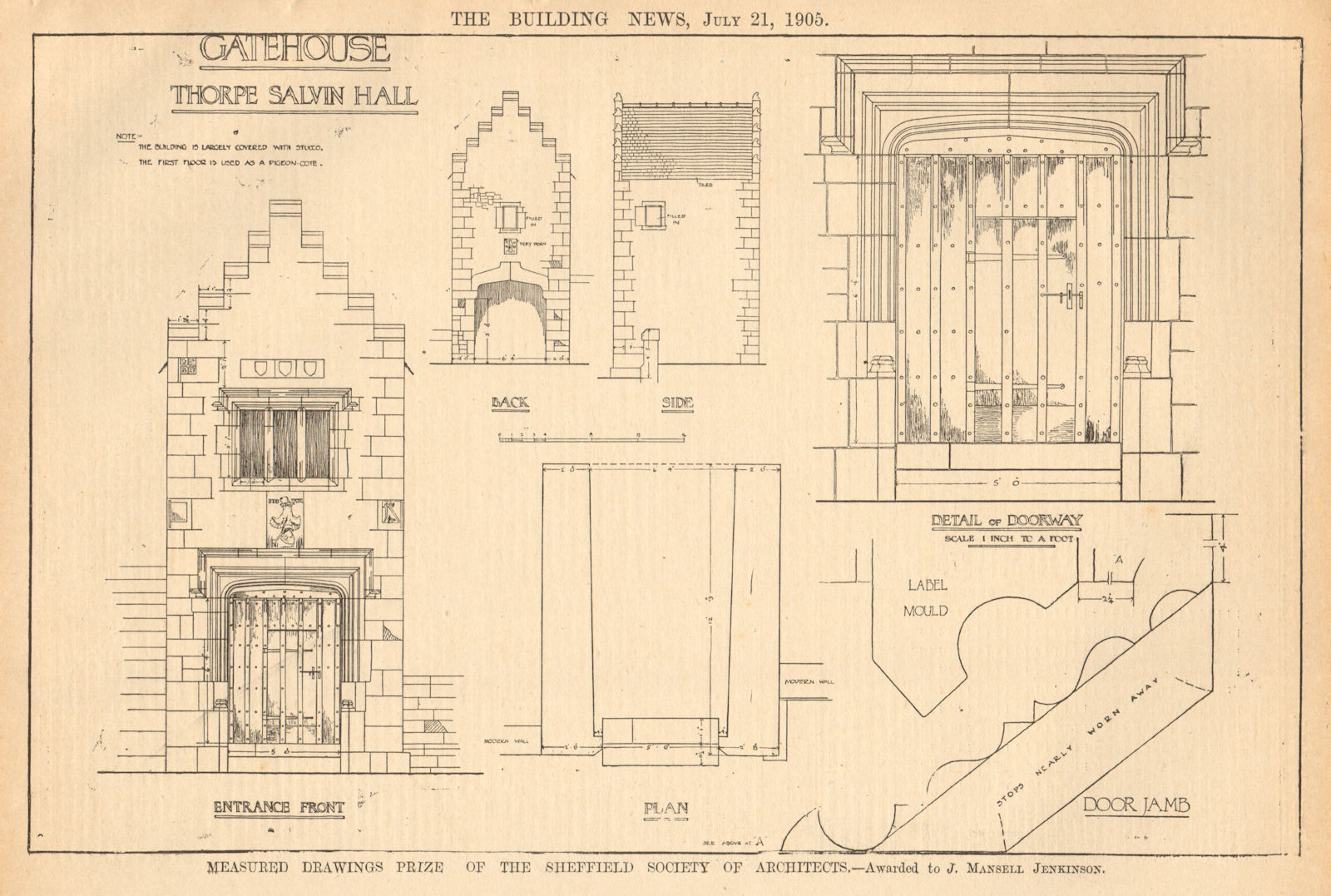 Gatehouse, Thorpe Salvin Hall, Yorkshire. Plans by J. Mansell Jenkinson 1905