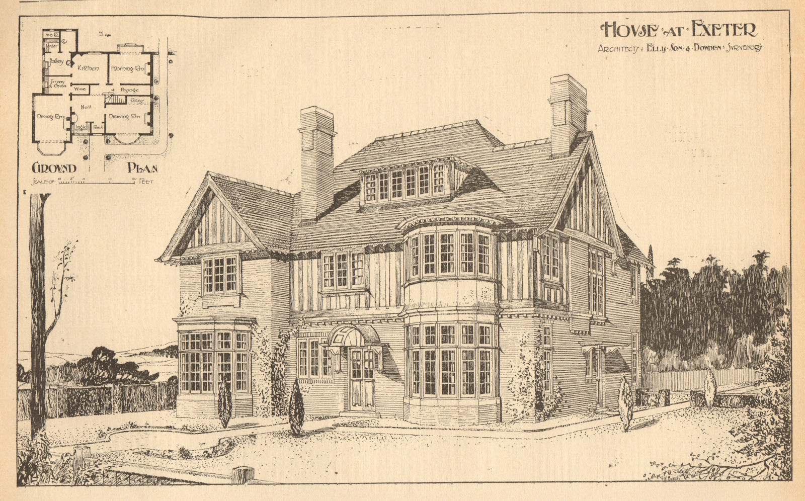Associate Product House at Exeter, Architects: Ellis Son & Bowden. Devon 1905 old antique print