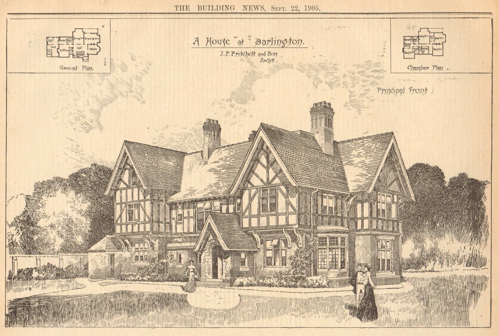 House at Darlington, J.P. Pritchett & son, Architects. Sketch plan. Durham 1905