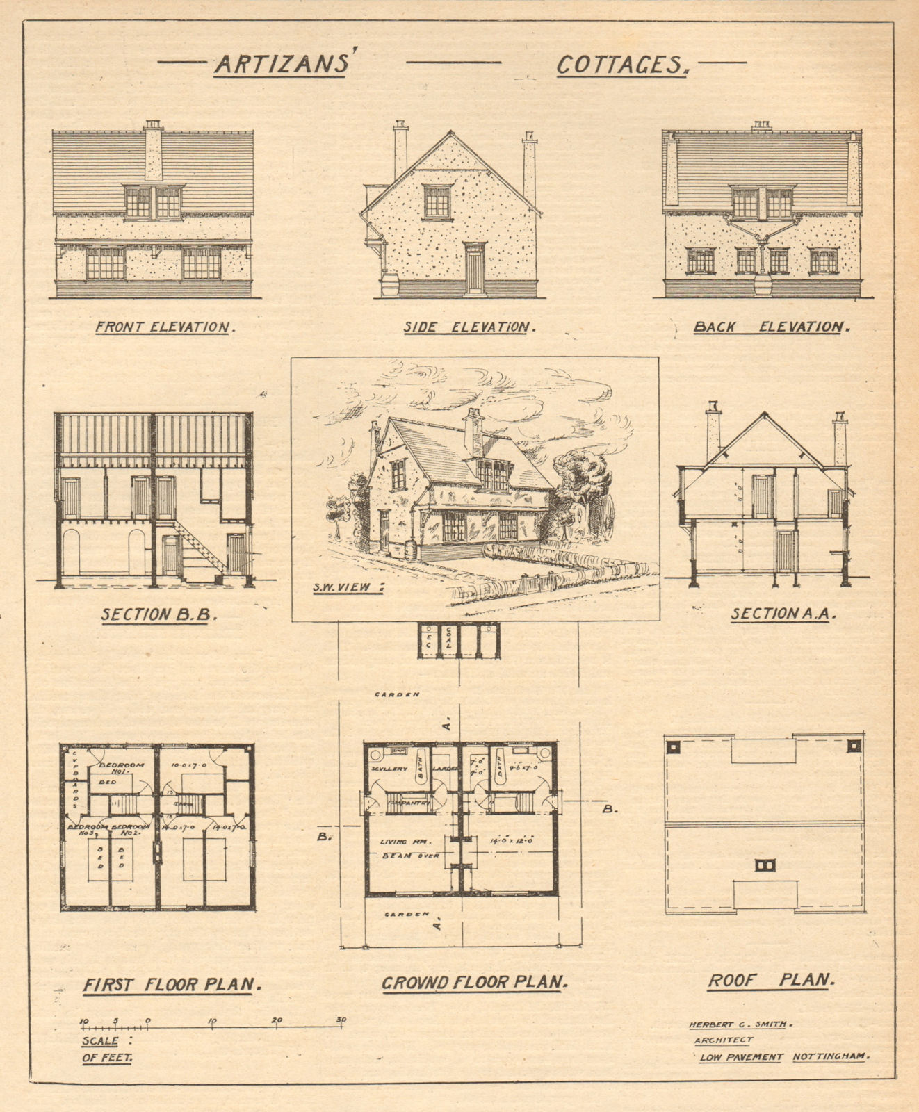 Associate Product Artisans Cottages. Herbert Smith Architect, Nottingham. Elevation plan 1905
