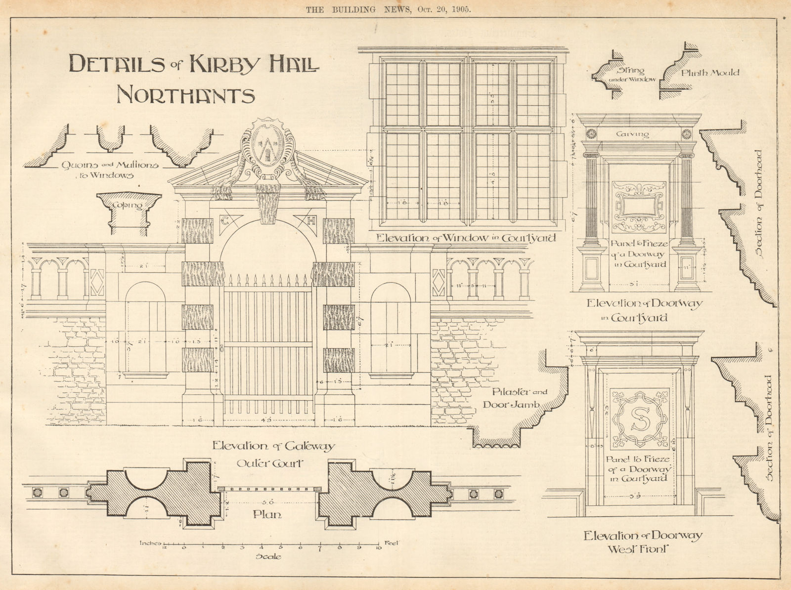 Associate Product Details of Kirby Hall, Northants. Elevations & plans. Northamptonshire 1905