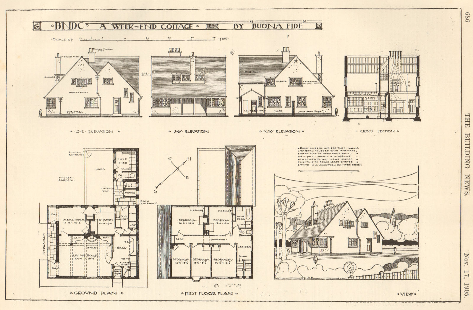 Associate Product A weekend cottage by ''Buona Fide''. View, elevations & plans 1905 old print