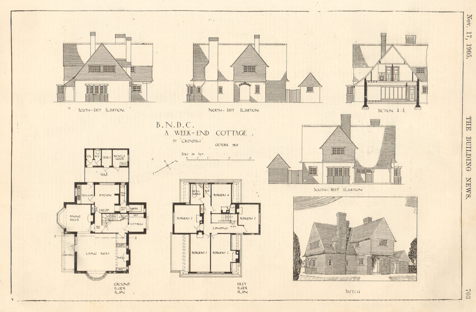 Associate Product A weekend cottage by ''Cavendish''. Sketch, elevations & plans 1905 old print