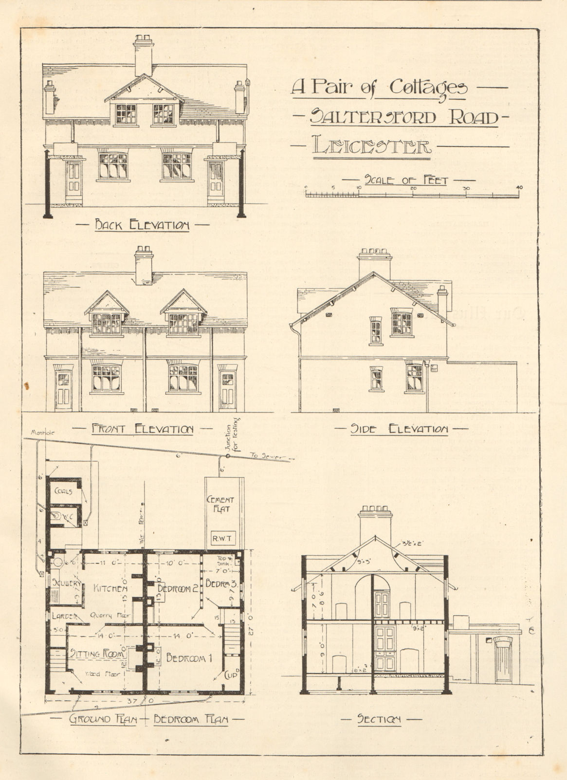 A pair of cottages, Saltersford Road, Leicester. Elevations & plans 1905 print