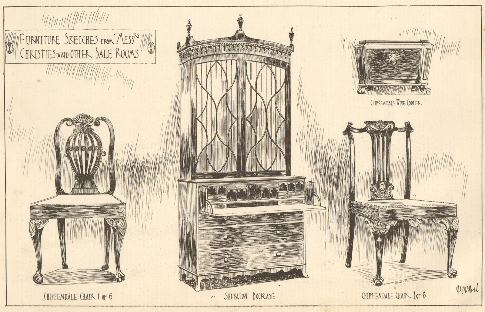 Christies furniture auction. Chippendale chair, Sheraton bookcase 1905 print