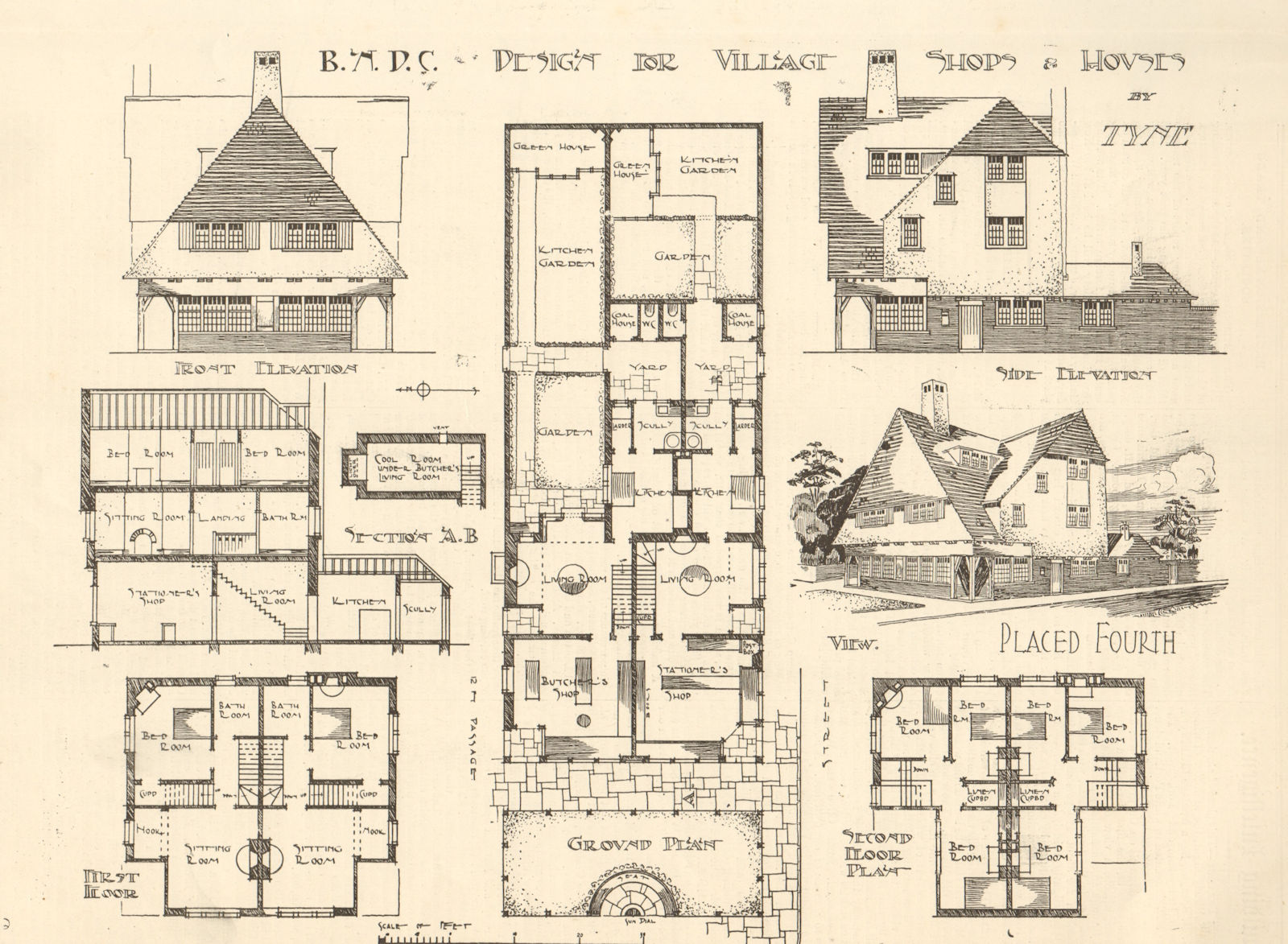 Associate Product Design for village shops & houses by Tyne. View, elevations & plans 1905 print