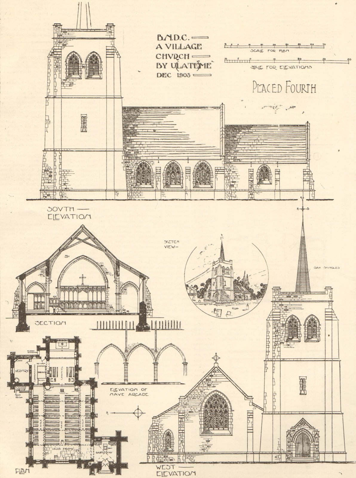 Associate Product A village church by Ulateme. Sketch view, elevations, plan 1906 old print