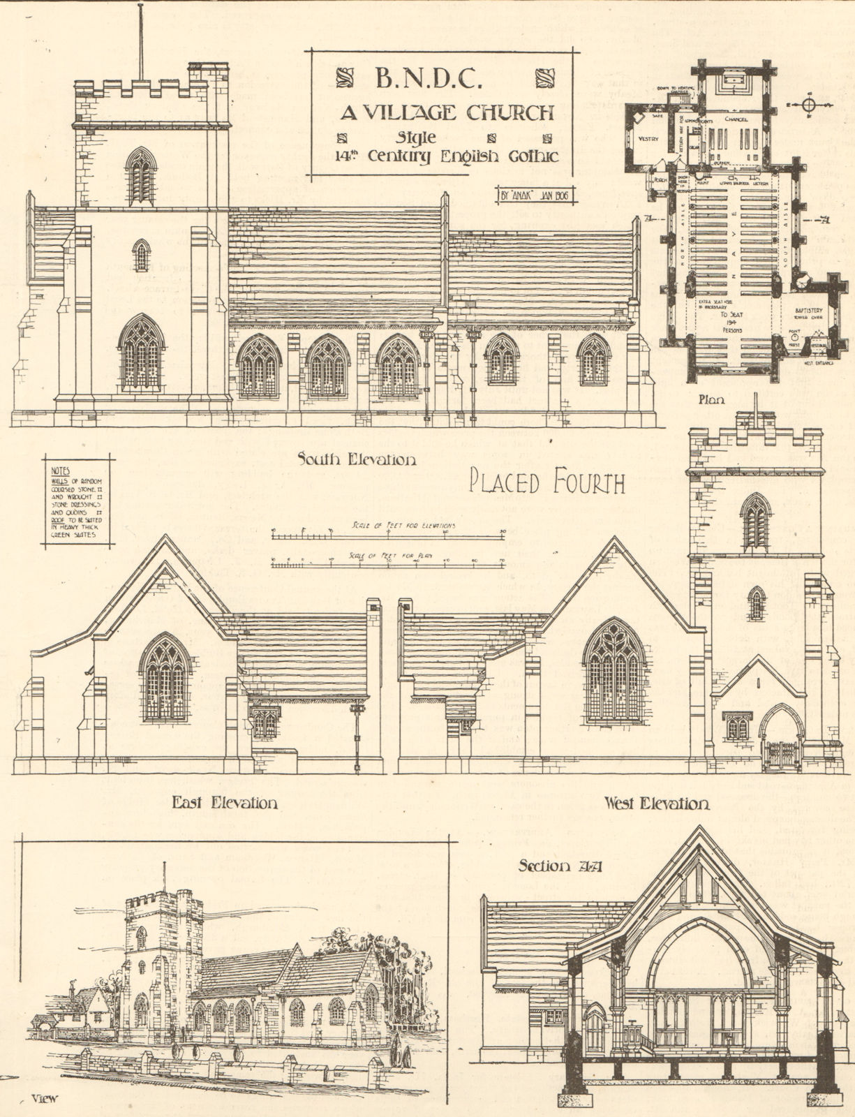 A village church style 14th century English Gothic. View, elevations, plan 1906