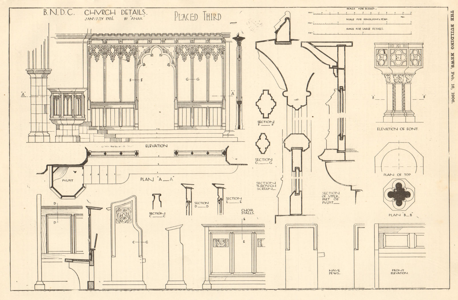 Associate Product Church details by ''Anak''. Elevations, plans & sections 1906 old print