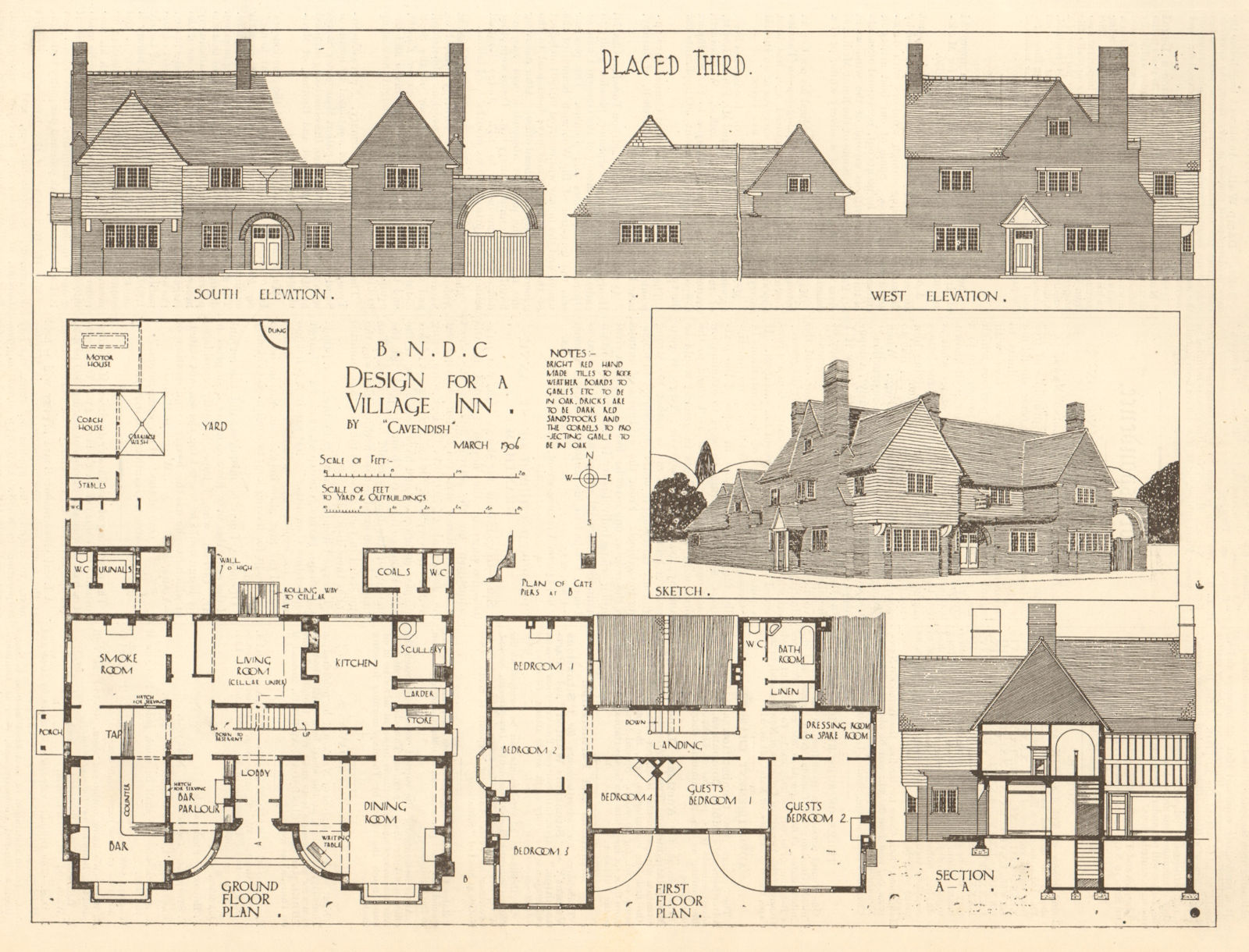 Design for a village inn by Cavendish. Sketch, elevations & plans 1906 print