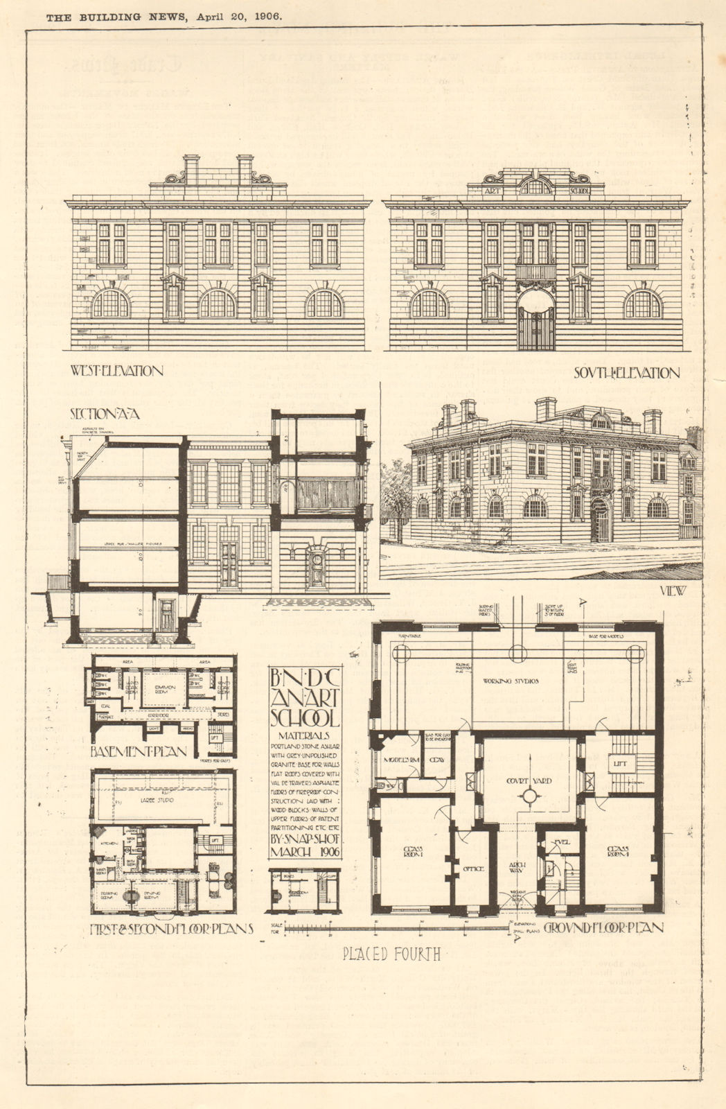 An art school, by Snap Shot. View, elevations & plans 1906 old antique print