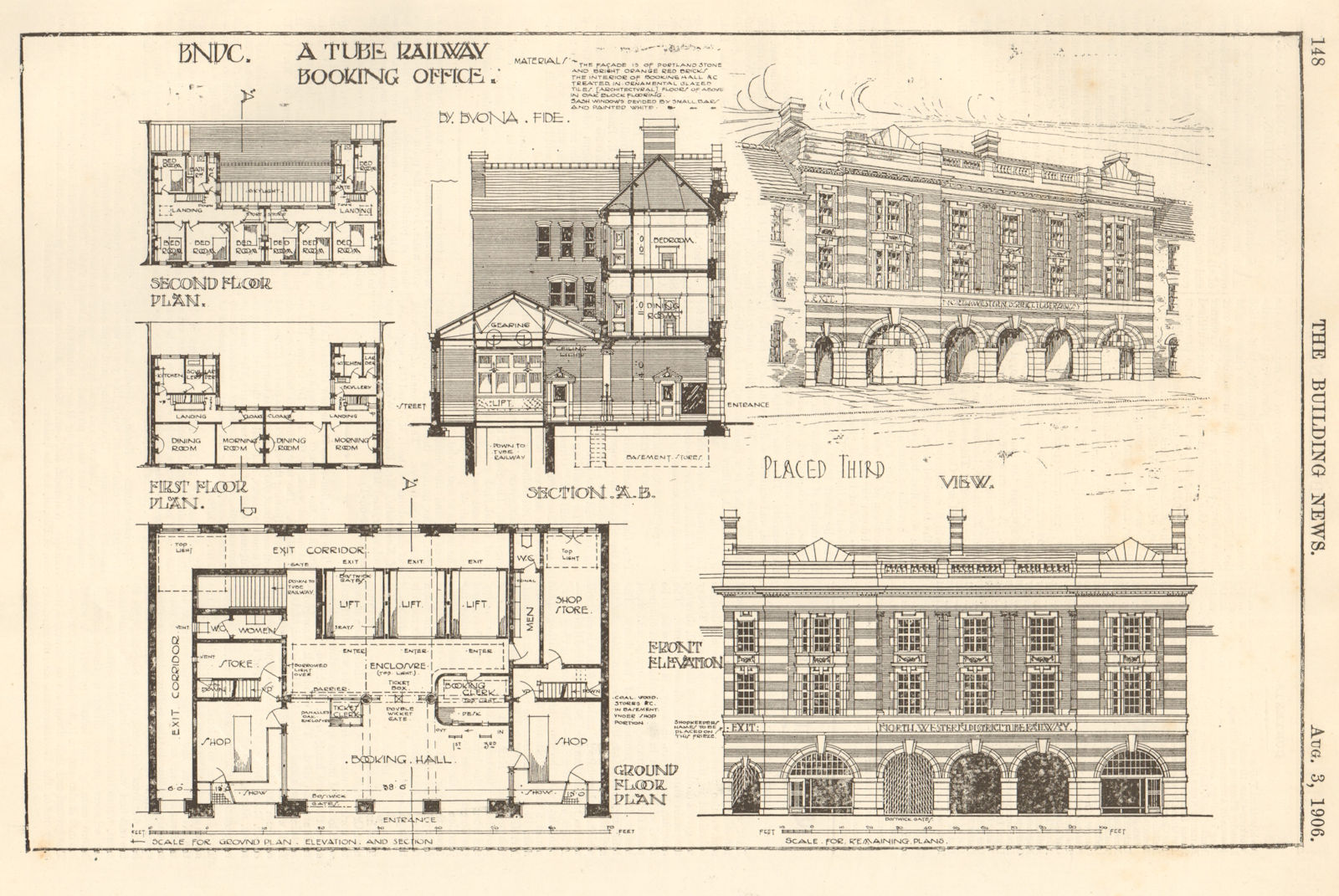 Underground tube railway booking office. Buona Fide. Elevations plan London 1906
